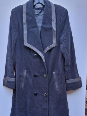 Vintage ALTA-F women long trench coat faux suede faux leather trim, navy (s. L)